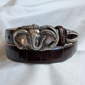 Vtg Brighton Croc-Embossed Leather Belt w/Silver-Tone Elephant Buckle